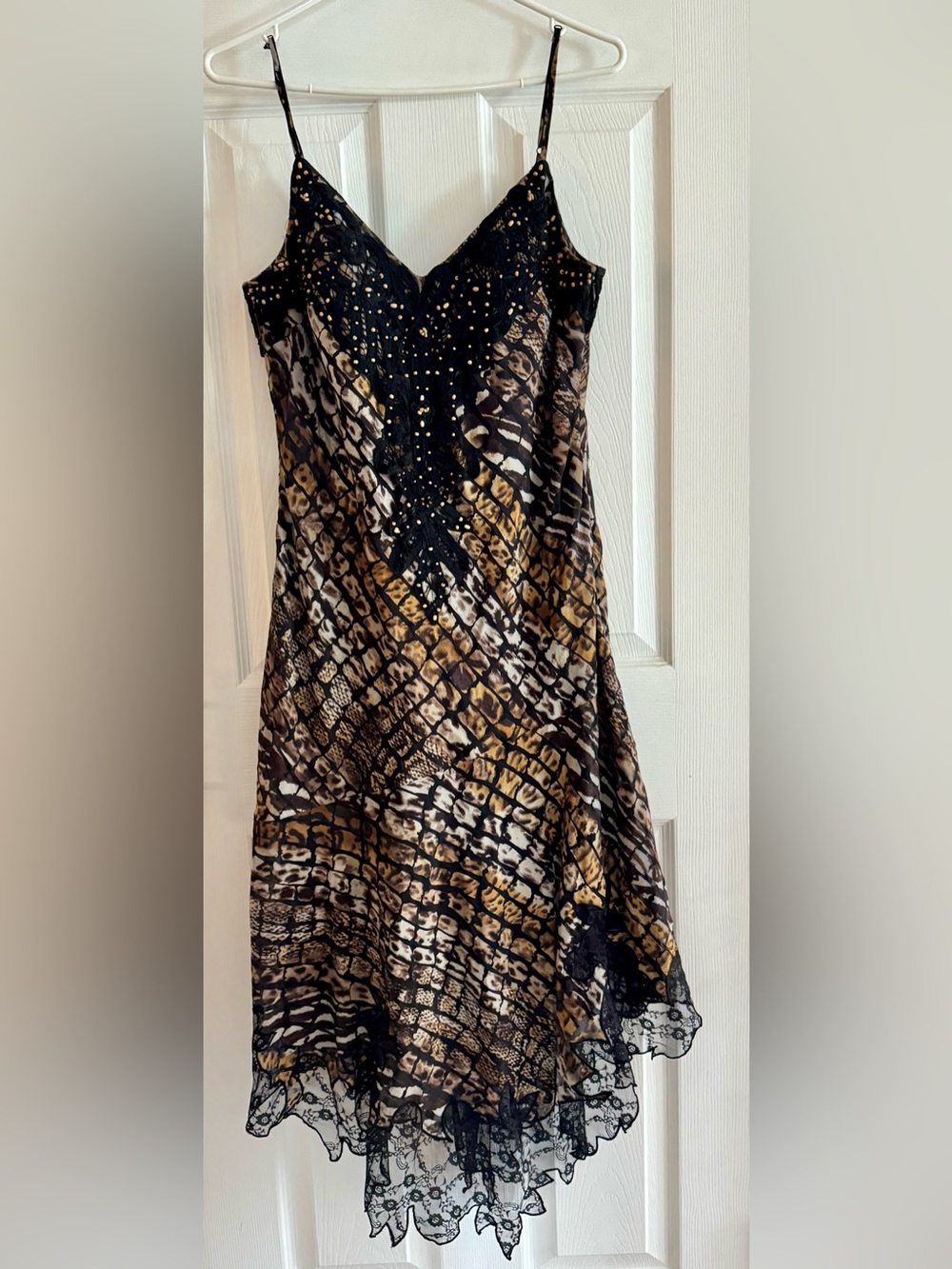 Simon Chang Midi Spaghetti Strap Embellished Asymmetrical Dress